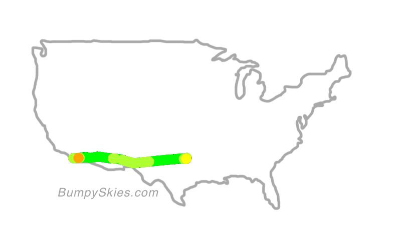 Map of continental US with illustrated flight path and turbulence forecast (described in text below)