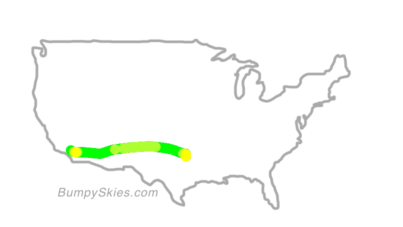 Map of continental US with illustrated flight path and turbulence forecast (described in text below)