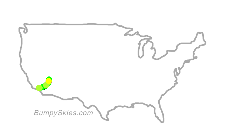 Map of continental US with illustrated flight path and turbulence forecast (described in text below)