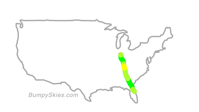 Map of continental US with illustrated flight path and turbulence forecast (described in text below)