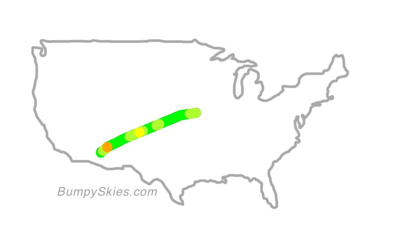 Map of continental US with illustrated flight path and turbulence forecast (described in text below)