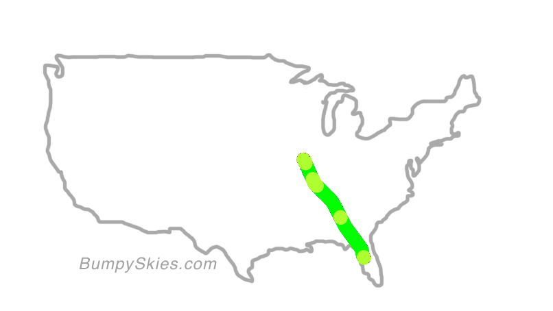 Map of continental US with illustrated flight path and turbulence forecast (described in text below)