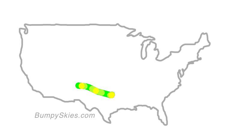 Map of continental US with illustrated flight path and turbulence forecast (described in text below)
