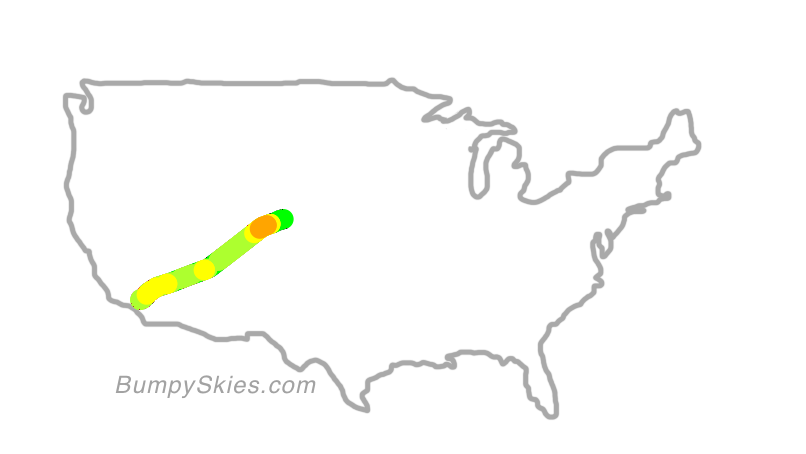 Map of continental US with illustrated flight path and turbulence forecast (described in text below)