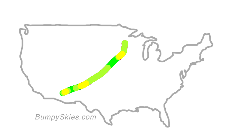 Map of continental US with illustrated flight path and turbulence forecast (described in text below)