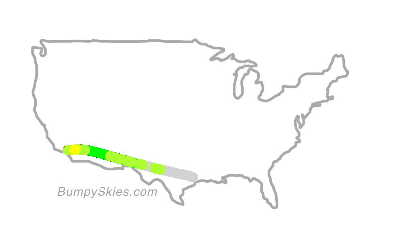 Map of continental US with illustrated flight path and turbulence forecast (described in text below)
