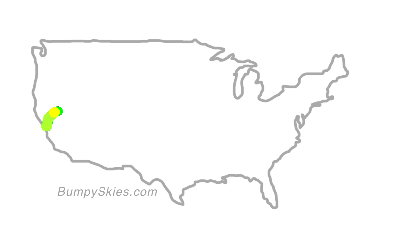 Map of continental US with illustrated flight path and turbulence forecast (described in text below)