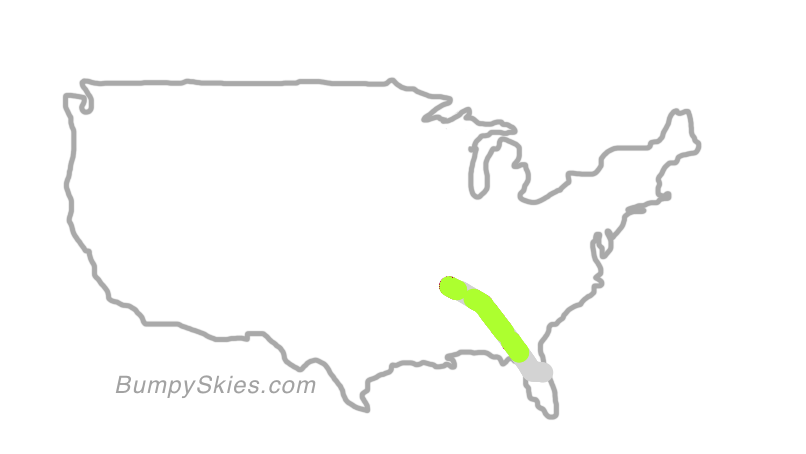 Map of continental US with illustrated flight path and turbulence forecast (described in text below)