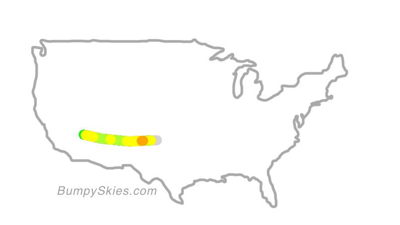 Map of continental US with illustrated flight path and turbulence forecast (described in text below)