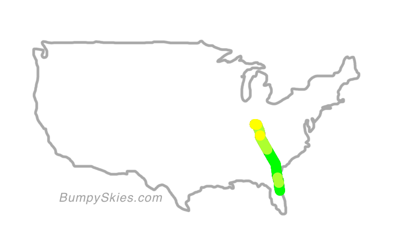 Map of continental US with illustrated flight path and turbulence forecast (described in text below)