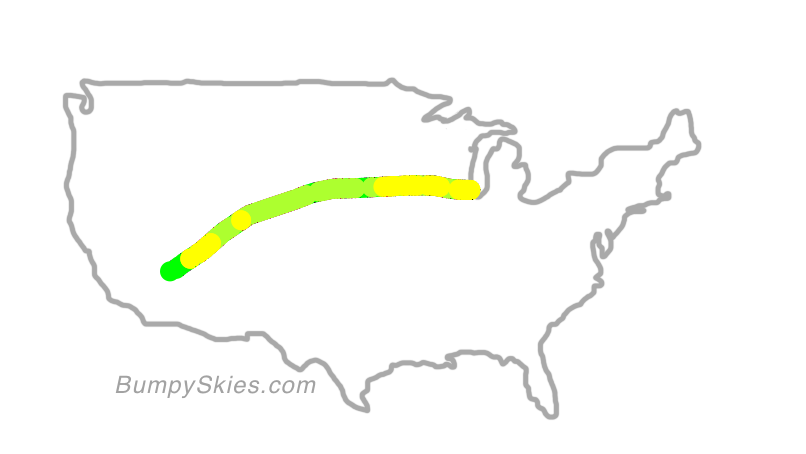Map of continental US with illustrated flight path and turbulence forecast (described in text below)