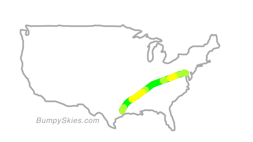 Map of continental US with illustrated flight path and turbulence forecast (described in text below)