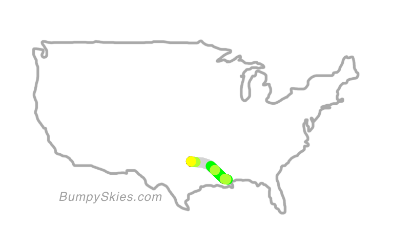 Map of continental US with illustrated flight path and turbulence forecast (described in text below)