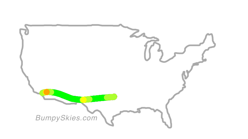 Map of continental US with illustrated flight path and turbulence forecast (described in text below)