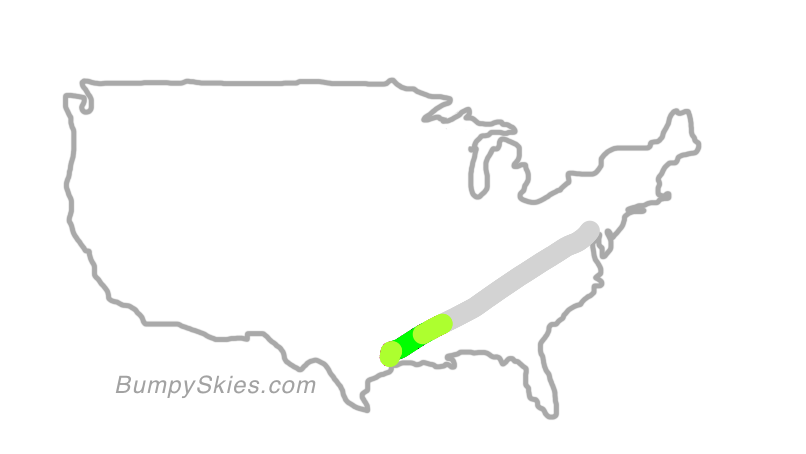 Map of continental US with illustrated flight path and turbulence forecast (described in text below)