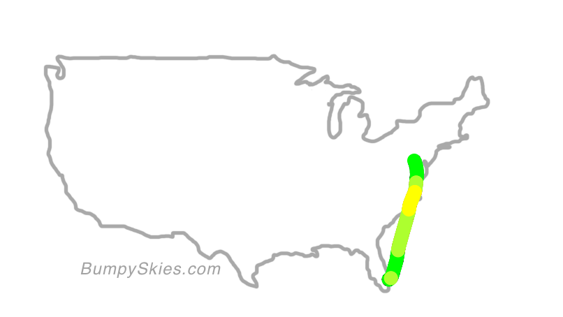 Map of continental US with illustrated flight path and turbulence forecast (described in text below)