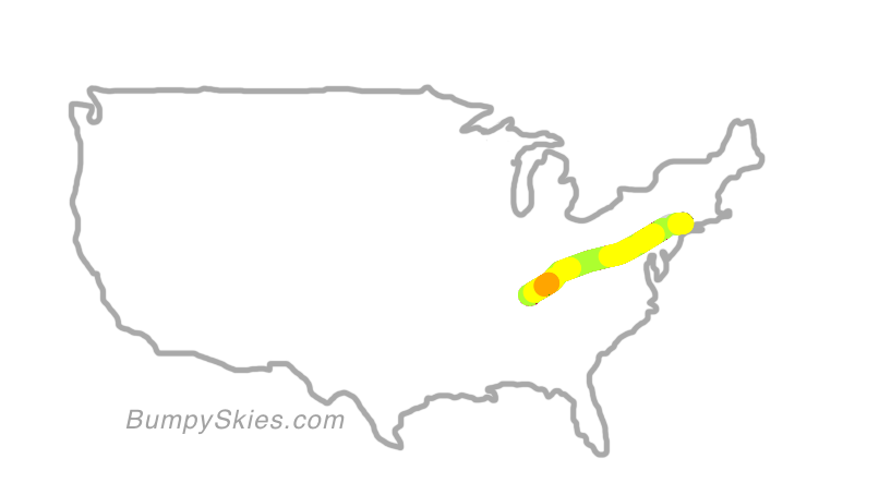 Map of continental US with illustrated flight path and turbulence forecast (described in text below)