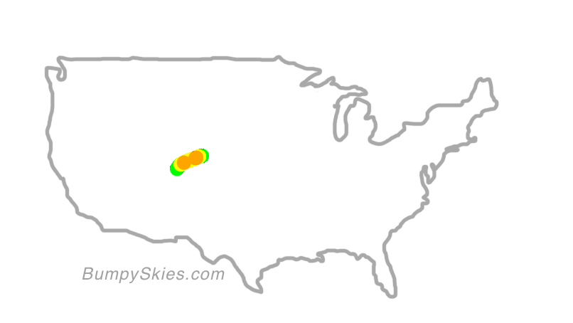 Map of continental US with illustrated flight path and turbulence forecast (described in text below)
