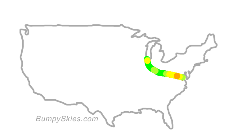 Map of continental US with illustrated flight path and turbulence forecast (described in text below)