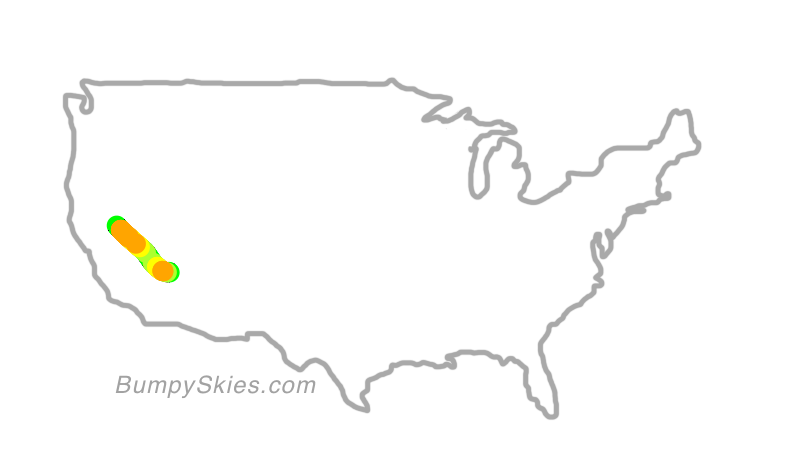 Map of continental US with illustrated flight path and turbulence forecast (described in text below)