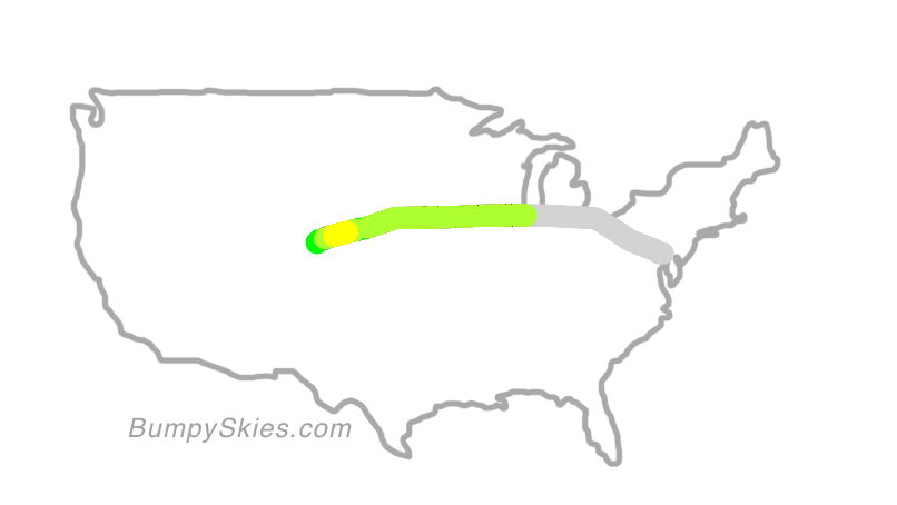 Map of continental US with illustrated flight path and turbulence forecast (described in text below)