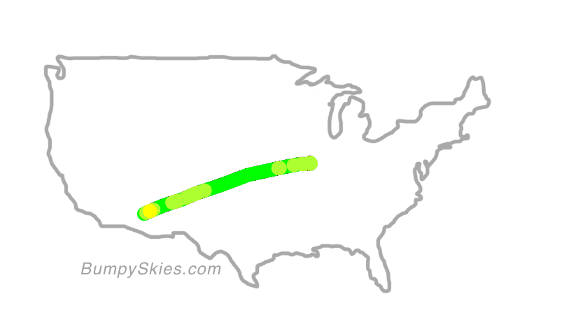 Map of continental US with illustrated flight path and turbulence forecast (described in text below)