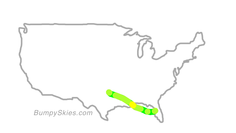 Map of continental US with illustrated flight path and turbulence forecast (described in text below)