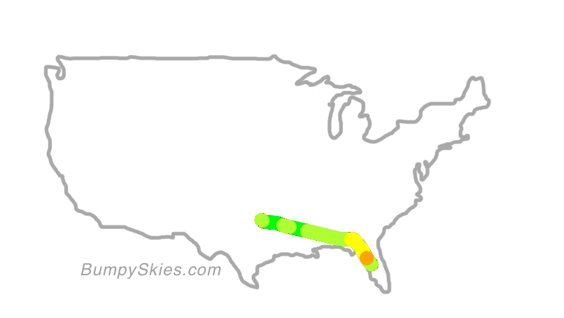 Map of continental US with illustrated flight path and turbulence forecast (described in text below)