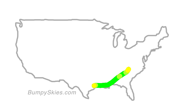 Map of continental US with illustrated flight path and turbulence forecast (described in text below)