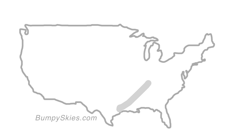 Map of continental US with illustrated flight path and turbulence forecast (described in text below)