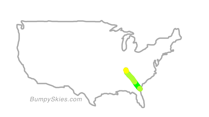 Map of continental US with illustrated flight path and turbulence forecast (described in text below)