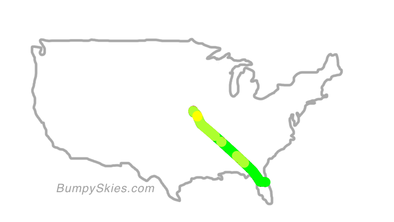 Map of continental US with illustrated flight path and turbulence forecast (described in text below)