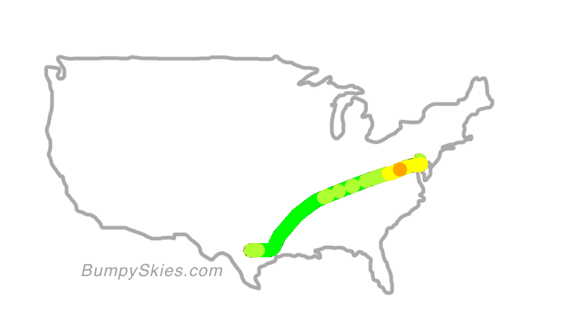 Map of continental US with illustrated flight path and turbulence forecast (described in text below)