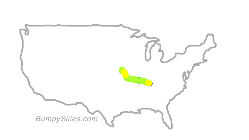 Map of continental US with illustrated flight path and turbulence forecast (described in text below)