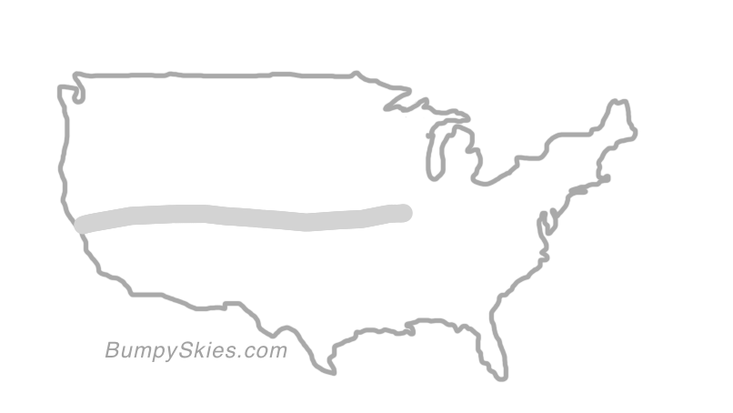 Map of continental US with illustrated flight path and turbulence forecast (described in text below)