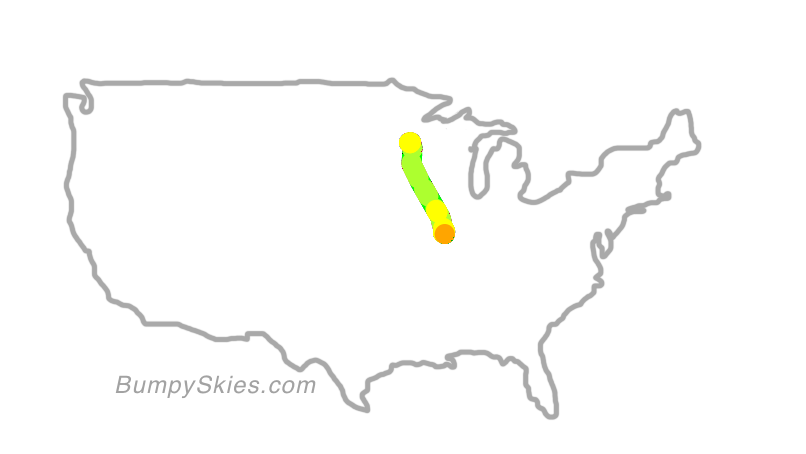 Map of continental US with illustrated flight path and turbulence forecast (described in text below)