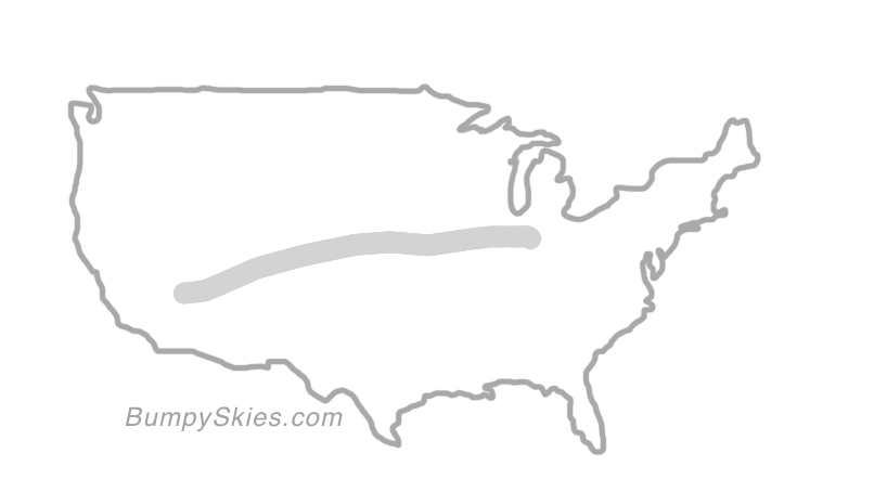 Map of continental US with illustrated flight path and turbulence forecast (described in text below)