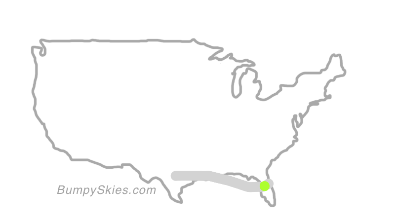 Map of continental US with illustrated flight path and turbulence forecast (described in text below)