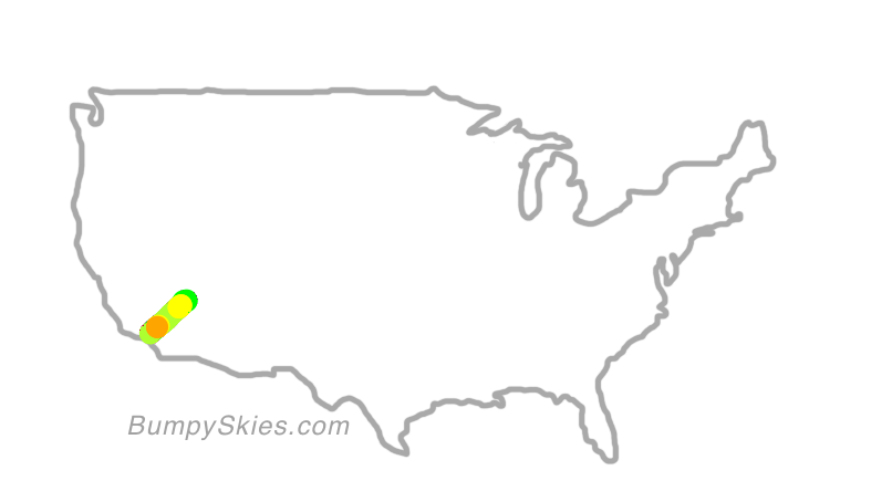 Map of continental US with illustrated flight path and turbulence forecast (described in text below)