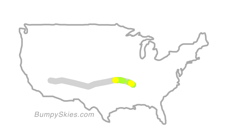 Map of continental US with illustrated flight path and turbulence forecast (described in text below)
