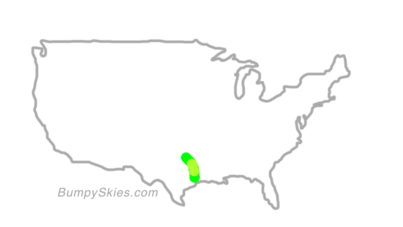 Map of continental US with illustrated flight path and turbulence forecast (described in text below)