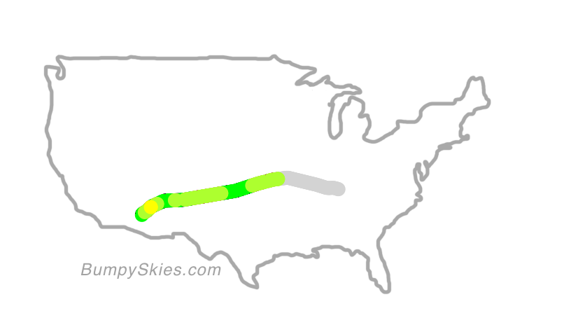 Map of continental US with illustrated flight path and turbulence forecast (described in text below)