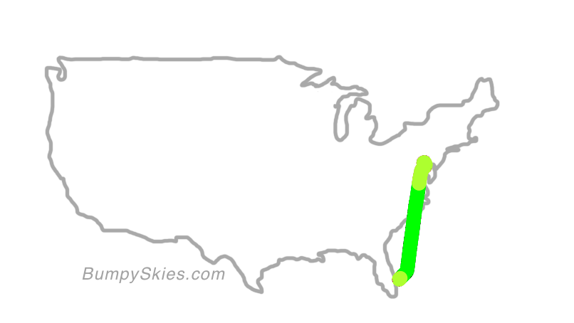 Map of continental US with illustrated flight path and turbulence forecast (described in text below)