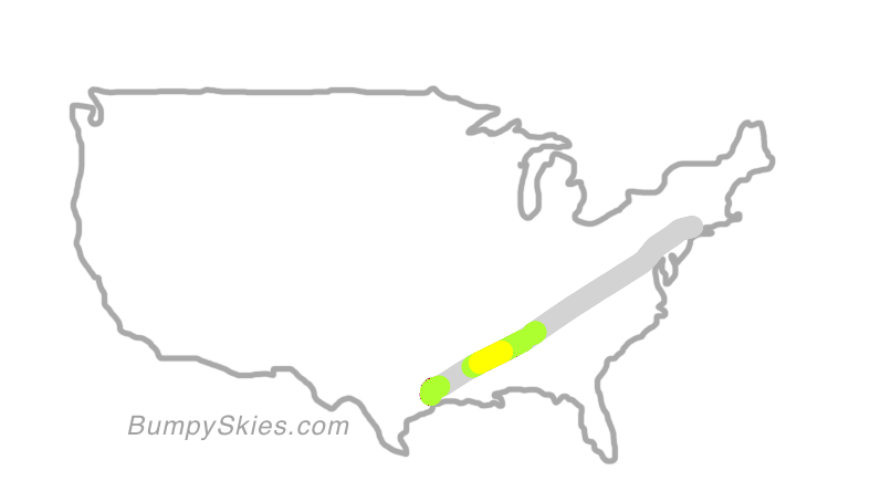 Map of continental US with illustrated flight path and turbulence forecast (described in text below)