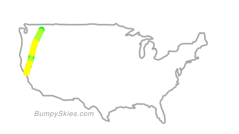 Map of continental US with illustrated flight path and turbulence forecast (described in text below)