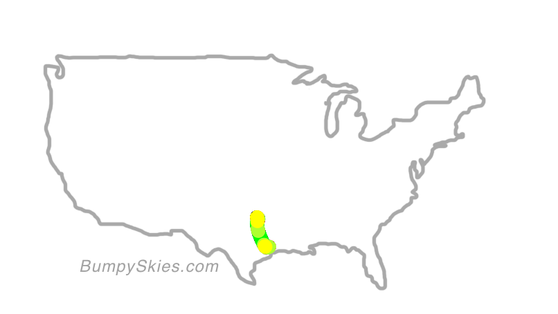 Map of continental US with illustrated flight path and turbulence forecast (described in text below)