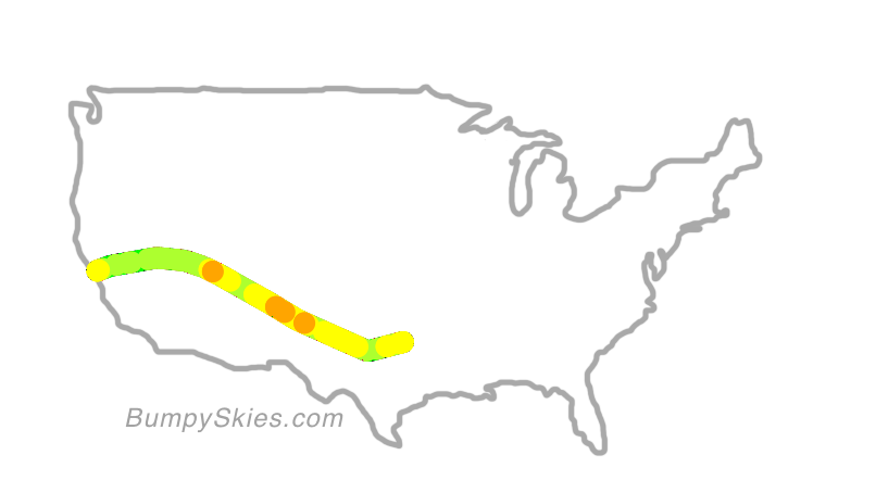 Map of continental US with illustrated flight path and turbulence forecast (described in text below)