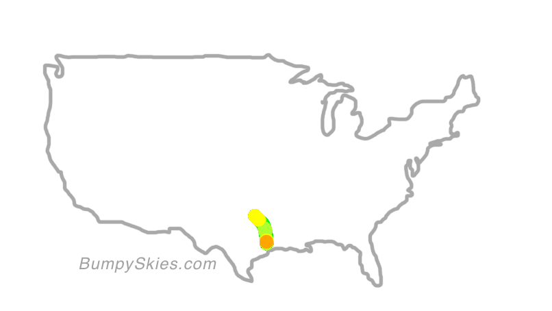 Map of continental US with illustrated flight path and turbulence forecast (described in text below)