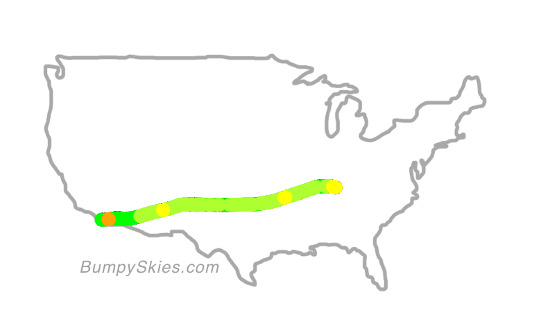 Map of continental US with illustrated flight path and turbulence forecast (described in text below)