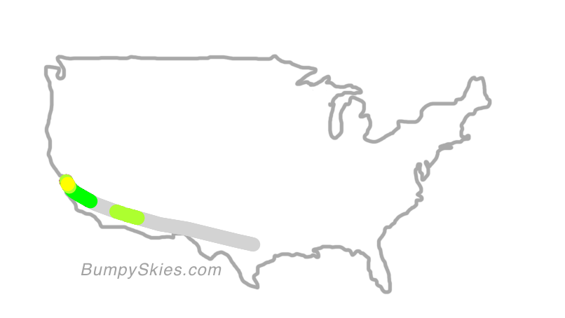 Map of continental US with illustrated flight path and turbulence forecast (described in text below)